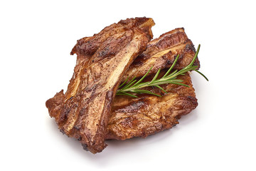 Grilled pork ribs, roasted meat with rosemary, isolated on white background