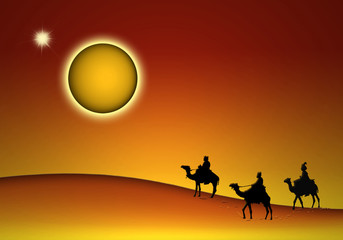 Reyes Magos, camellos, desierto, ilustración.