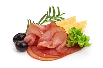 Smoked sausage, dried ham, isolated on white background