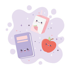 kawaii school book apple and box juice cartoon