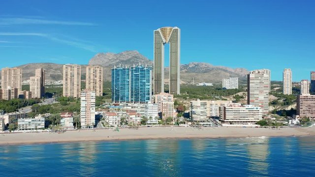 Spanish city Benidorm buildings and sandy beach Poniente