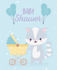 baby shower cute little raccoon with pram and balloons card