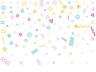 Minimal 80s style memphis pink blue gold decor confetti flying on white.