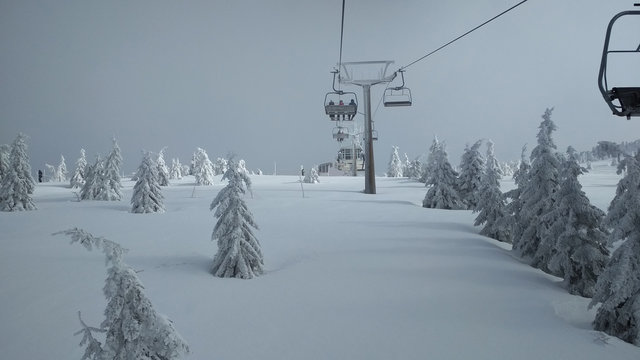 Cable way in ski resort Rokytnice nad Jizerou, Czech Republic.