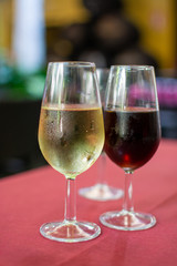 Sherry wine tasting, selection of different jerez fortified wines from dry to very sweet in glasses, Jerez de la Frontera, Andalusia, Spain