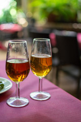 Sherry wine tasting, selection of different jerez fortified wines from dry to very sweet in glasses, Jerez de la Frontera, Andalusia, Spain