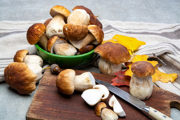 Fresh raw edible forest mushrooms Boletus Edulis or porcini fungus, tasty vegetarian food © barmalini