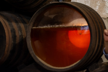 Production of fortified jerez, xeres, sherry wines in old oak barrels in sherry triangle, Jerez la...