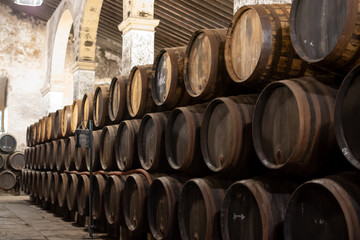 Production of fortified jerez, xeres, sherry wines in old oak barrels in sherry triangle, Jerez la...