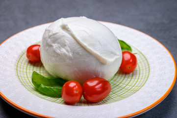 Cheese collection, soft white Italian mozzarella di bufala campana with fresh green basil leaves and red cherry tomatoes