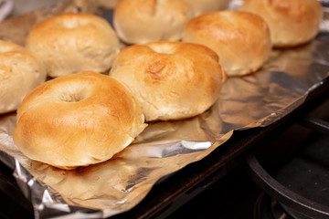 Process of baking homemade bagels in the oven