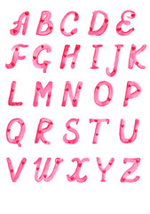 Watercolor alphabet with hearts patterns. Set of red capital letters on a white. Hand drawn illustration of ink font type with valentine symbol for design, invitations, stickers, weddings, cover