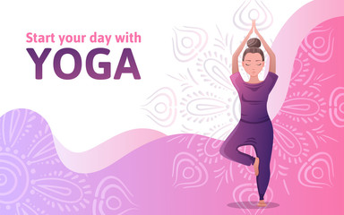 Obraz na płótnie Canvas Young beautiful woman is doing yoga, stretching exercise or tree pose. Web banner for Yoga Studio with mandala. Beautiful background for web page design, advertising post. Vector flat illustration