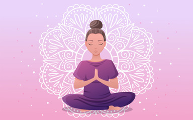 Young and happy cartoon woman meditating in yoga lotus pose on background with hand drawn mandala. Web banner for webpage, advertising or background. Practicing yoga. Vector flat illustration.
