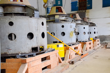 Engines of water pumps at a water pumping station. Pumping irrig