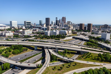 Aerial view of downtown buildings, roads and freeways in Atlanta, Georgia.