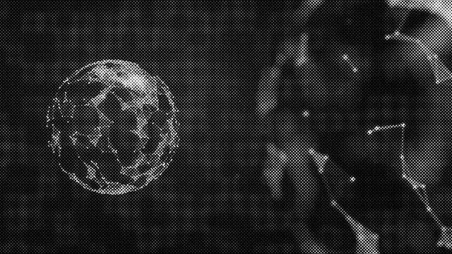 Abstractly rendered Earth and Moon in plexus knods on a gridded background,