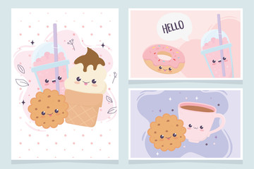 Fototapeta premium kawaii cookie donut coffee cup fast food cartoon cards