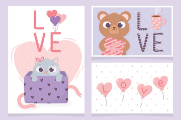 happy valentines day invitation cards bear and cat gift box love hearts decoration