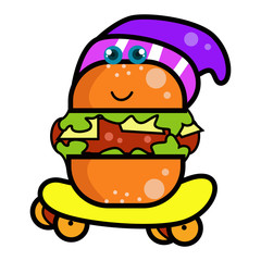 Burger Character Cute Cartoon With Skateboard Vector Template Design Illustration