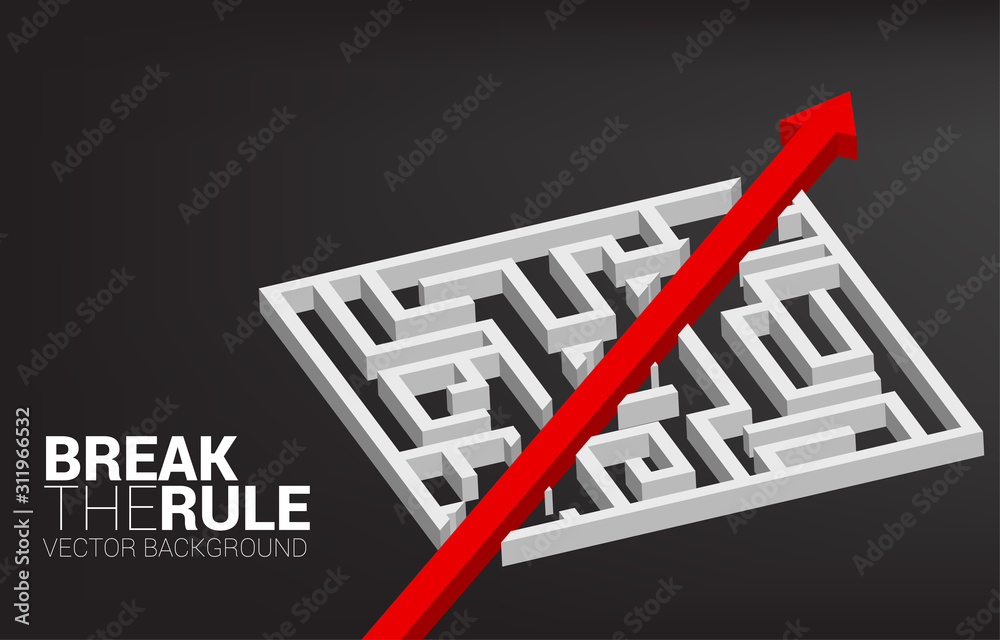 Poster Red arrow route break out of maze. Business concept for problem solving and solution strategy.