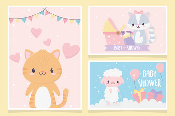 Obraz na płótnie Canvas baby shower cute little animals love hearts pram gifts clouds card set