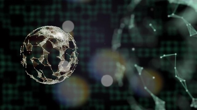 Abstractly rendered Earth and Moon in plexus knods on a gridded background,