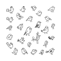 Set cute linear spring doodle birds