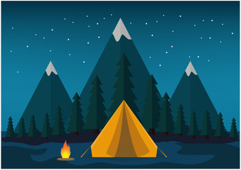 Flat design camping tent with mountain landscape at night
