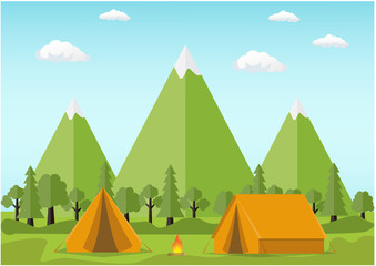 Flat design camping tent with mountain landscape at day.
