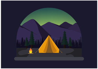 Flat design camping tent with mountain landscape at night