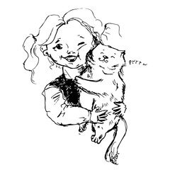 vector hand drawn monochrome sketchy illustration of a small smiling girl holding a giant cat.