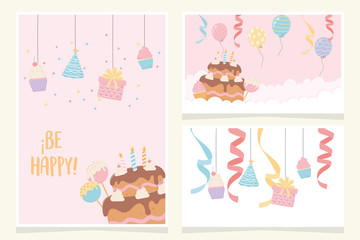 birthday cake with candles ribbon balloons cupcake party decoration cards