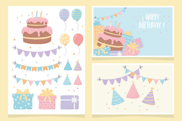 happy birthday cake gifts balloons pennants party decoration cards