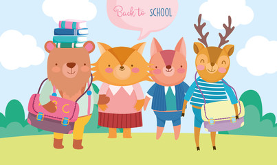 Obraz na płótnie Canvas back to school cute animals with books and backpack education