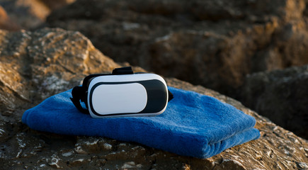 VR headset glasses with classic blue rocks in the background