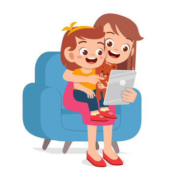 happy cute kid girl play tablet with mom
