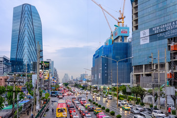 Traffic jam and new Provincial Electricity Authority (PEA) building background. New Landmark of...