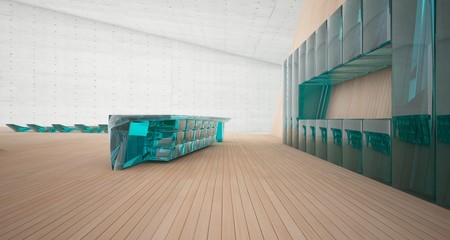 Fototapeta premium Abstract architectural concrete, wood and glass interior of a minimalist house with swimming pool and large window. 3D illustration and rendering.
