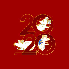 Happy Chinese New Year 2020 Year vector of the rat with line art style. Red background of Chinese New Year elements, Year of Rat 2020, symbol of 2020 on the Chinese calendar for New Year's design.