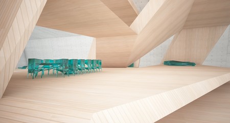 Abstract architectural concrete, wood and glass interior of a minimalist house with swimming pool and large window. 3D illustration and rendering.