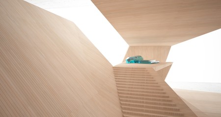 Abstract architectural concrete, wood and glass interior of a minimalist house with swimming pool and large window. 3D illustration and rendering.