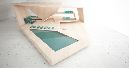 Abstract architectural concrete, wood and glass interior of a minimalist house with swimming pool and large window. 3D illustration and rendering.