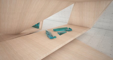 Abstract architectural concrete, wood and glass interior of a minimalist house with swimming pool and large window. 3D illustration and rendering.