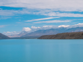 Beautiful scenery of turquoise blue lake and snow-capped mountains