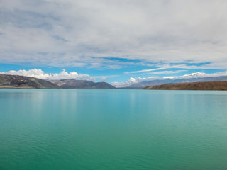Beautiful scenery of turquoise blue lake and snow-capped mountains