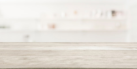 Empty wooden and table on abstract white modern kitchen background with shelf, product display, Ready for product montage