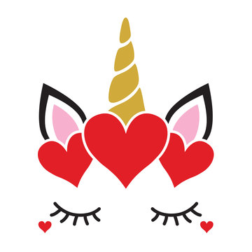 Cute Valentine unicorn face with hearts vector illustration. 