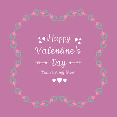 Pattern of leaf and pink flower frame, for happy valentine invitation card decor. Vector