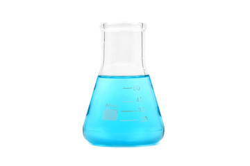 Blue water in a glass tube in a science laboratory. White background
